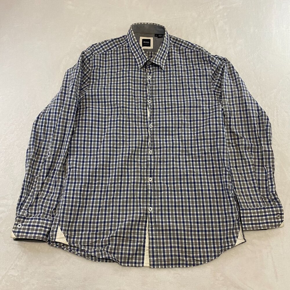 Hugo Boss Dress Shirt Mens XL Regular Fit Long Sleeve Collared Plaid Button Up